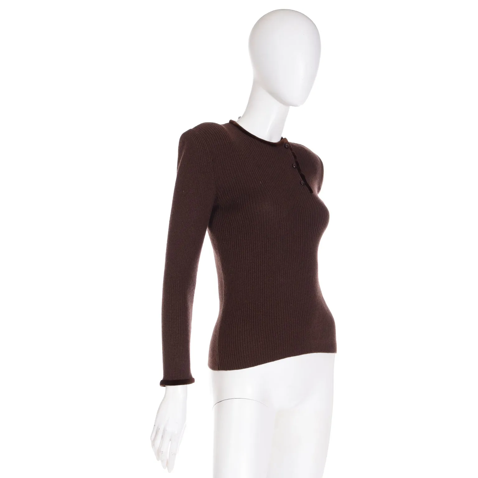 Vintage Valentino Chocolate Brown Sweater w/ Velvet Trim