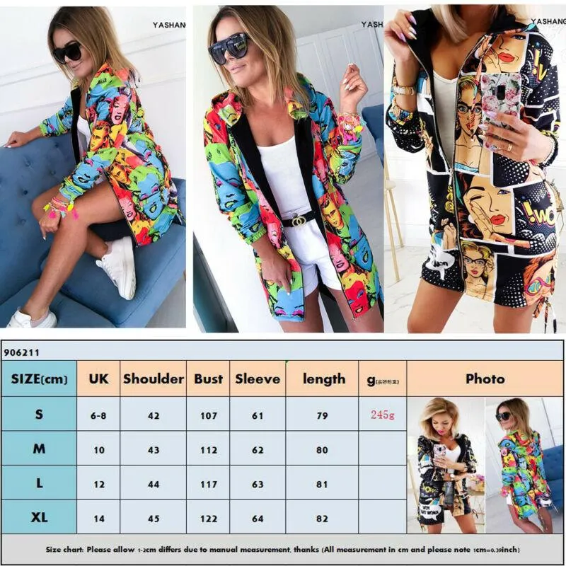 Women's Autumn Vintage Printes Zipper Jacket Loose Vintage Long Coat Jacket Sexy Female Long Sleeve Tops Outwear Overcoat