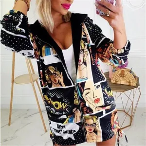 Women's Autumn Vintage Printes Zipper Jacket Loose Vintage Long Coat Jacket Sexy Female Long Sleeve Tops Outwear Overcoat