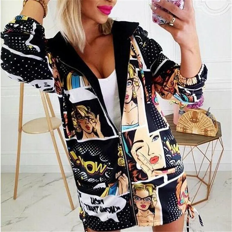 Women's Autumn Vintage Printes Zipper Jacket Loose Vintage Long Coat Jacket Sexy Female Long Sleeve Tops Outwear Overcoat