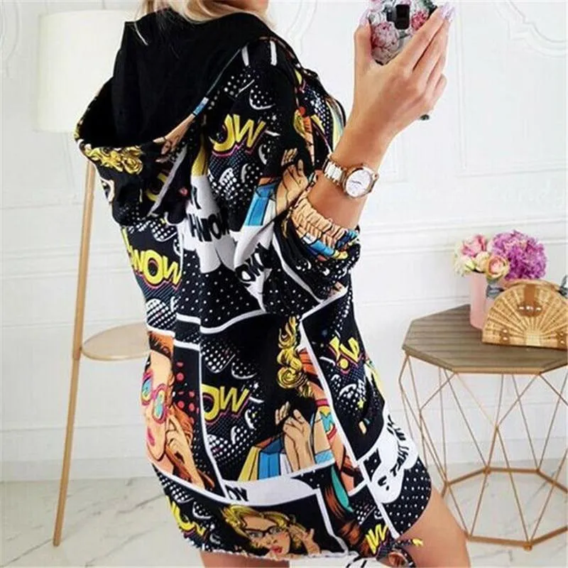 Women's Autumn Vintage Printes Zipper Jacket Loose Vintage Long Coat Jacket Sexy Female Long Sleeve Tops Outwear Overcoat