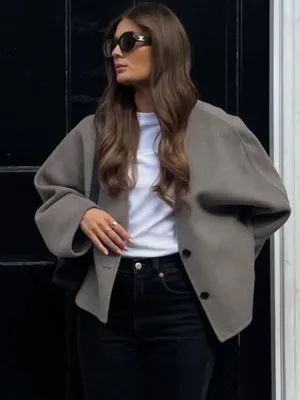 Women's Boutique Fashion Short Jacket Chic Lantern Sleeve Single Breasted Coat V-Neck Overcoats Autumn Office Streetwear Jackets